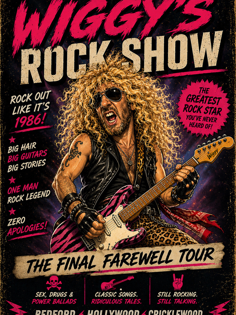 Parody artwork of Wiggy with huge blond hair, sunglasses, leather and a pink electric guitar